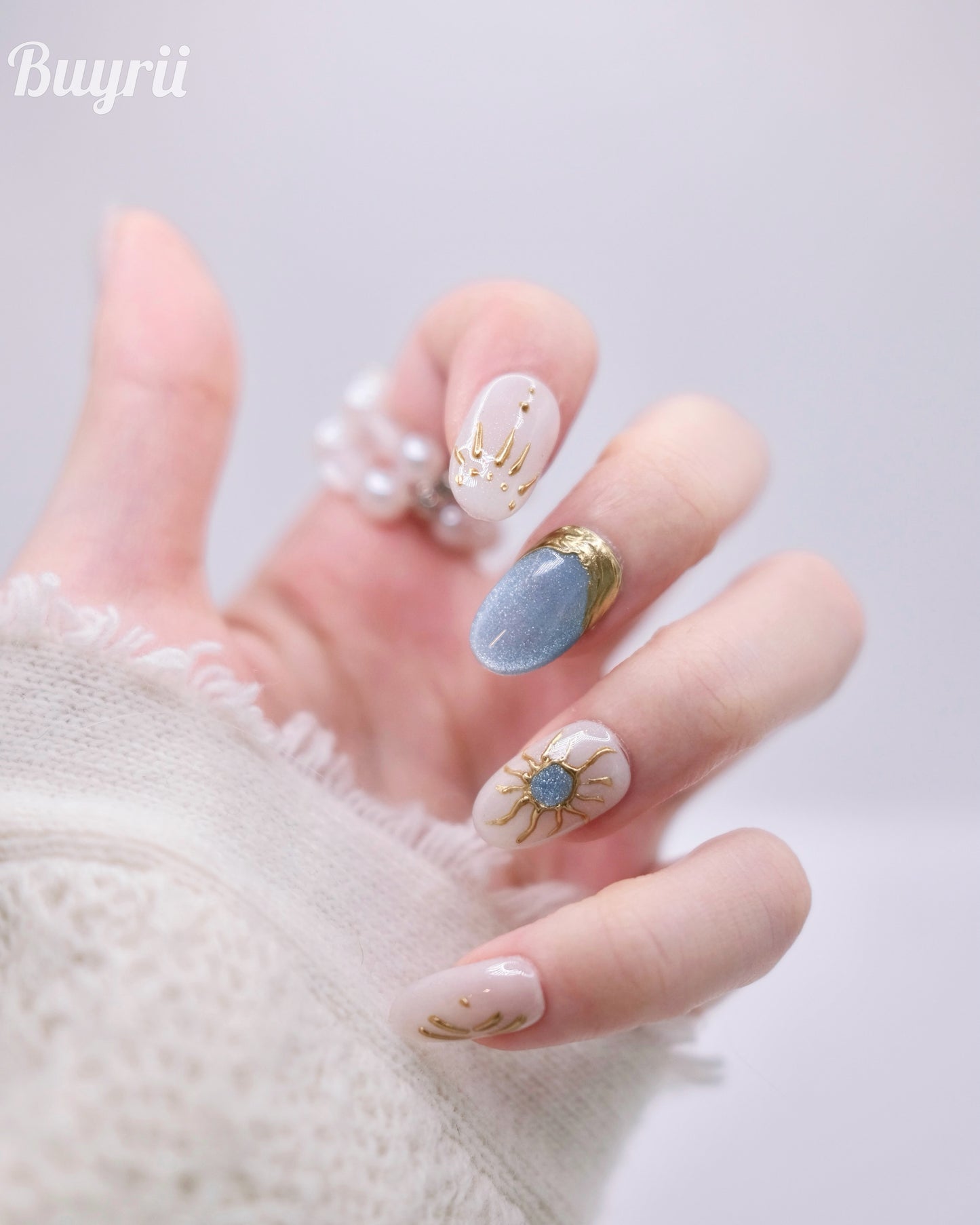 Mid-Long Oval White & Blue With Embossed Helios Press On Nails