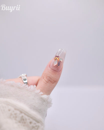 Long Coffin Nude Color Base & Colorful Gem With White French Manicure Press On Nails