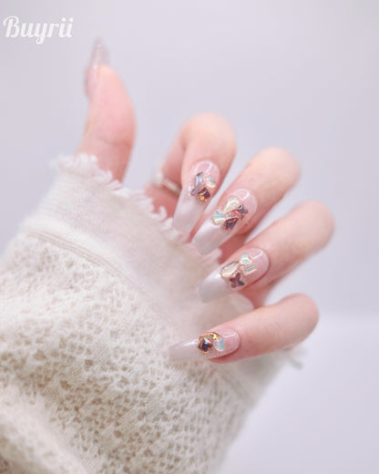 Long Coffin Nude Color Base & Colorful Gem With White French Manicure Press On Nails