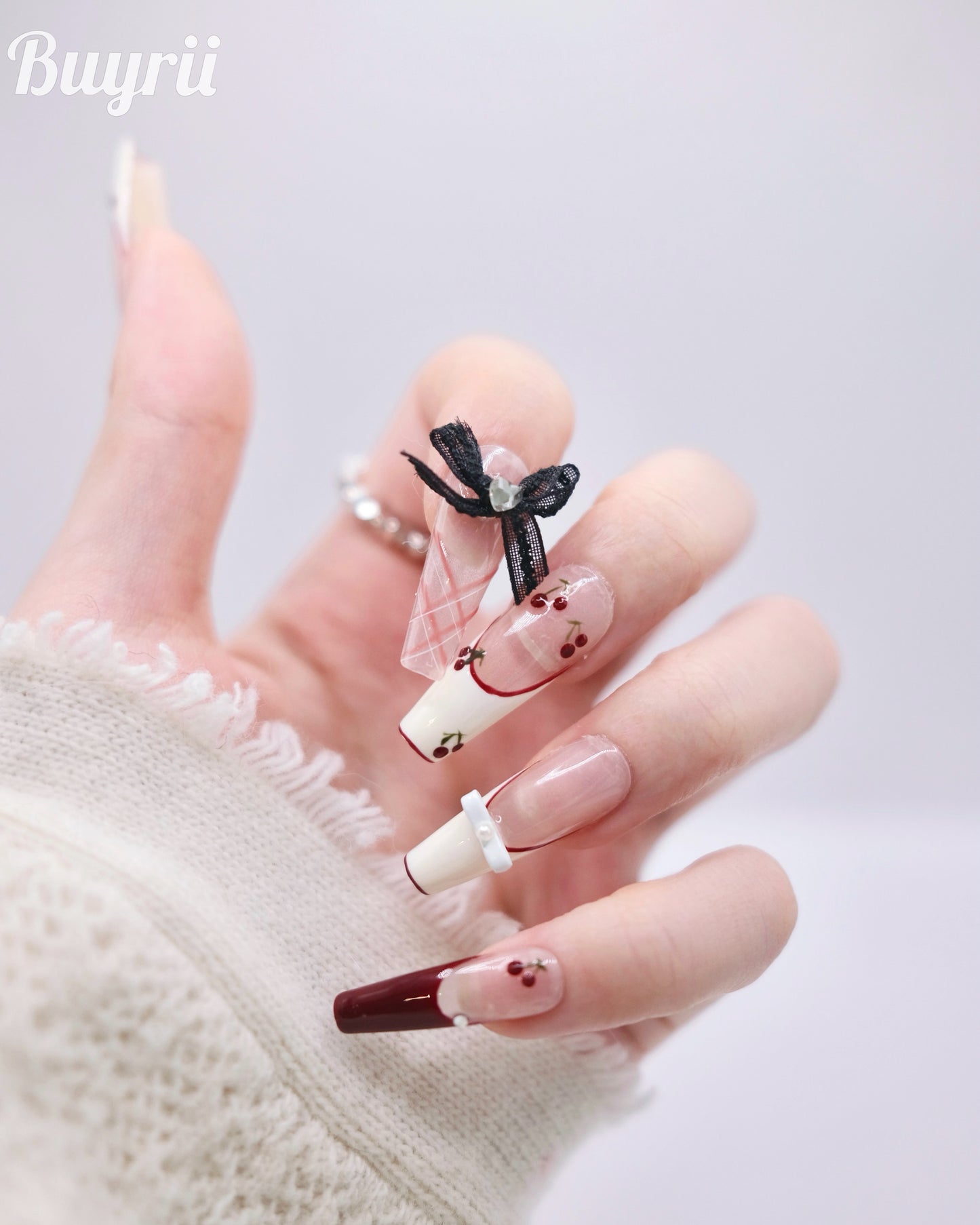 Extra Long Coffin Pink & Red Bow Tie With Diamond Press On Nails