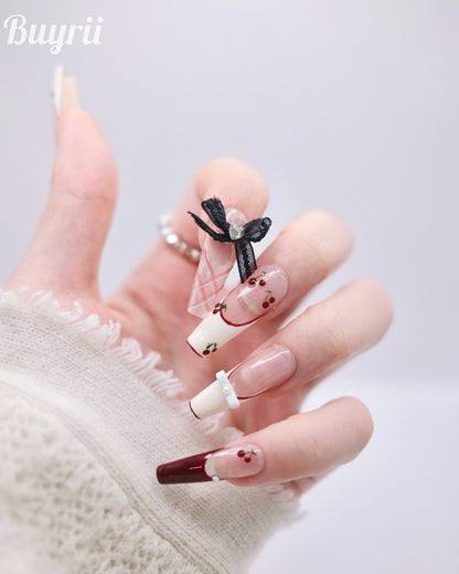 Extra Long Coffin Pink & Red Bow Tie With Diamond Press On Nails
