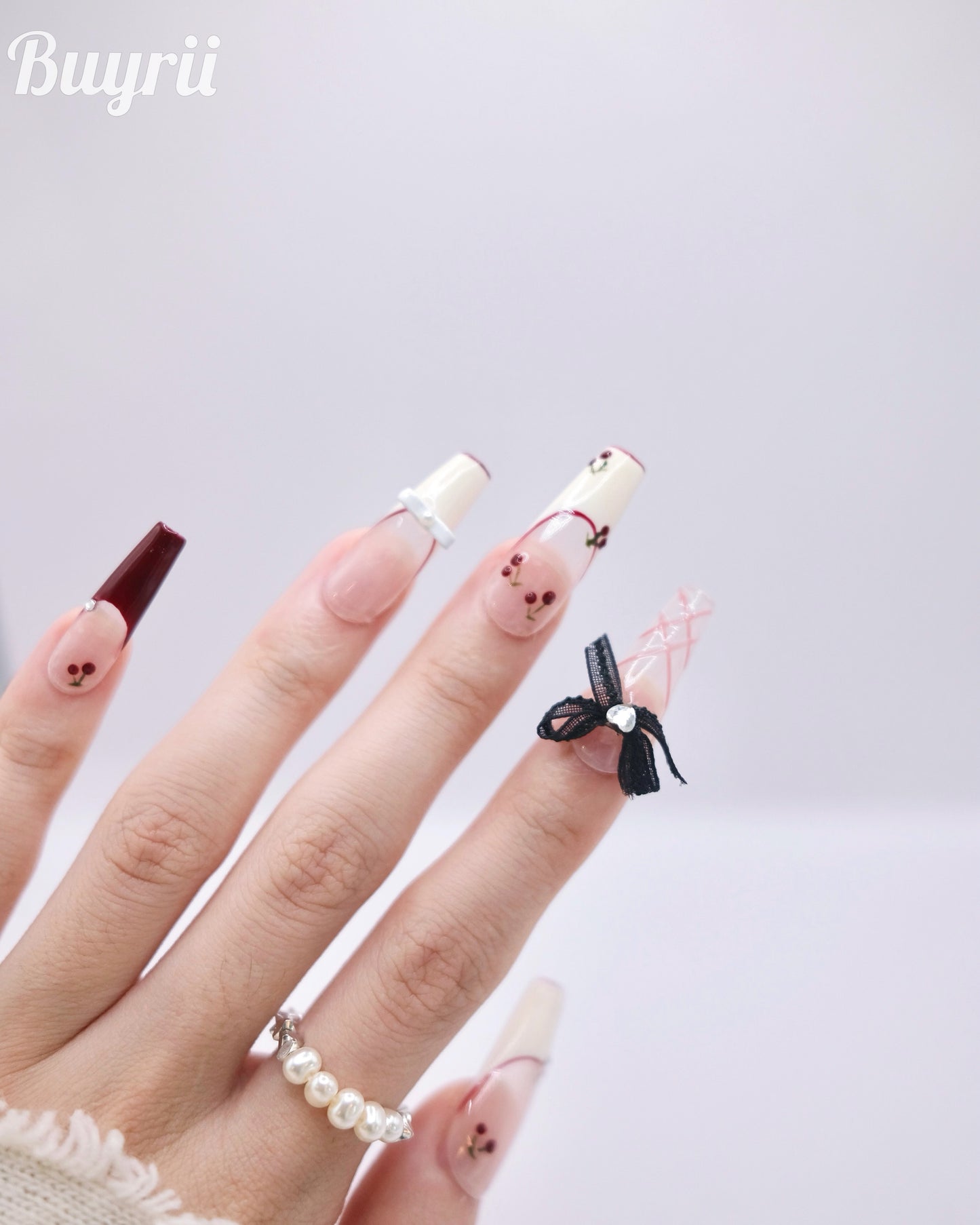 Extra Long Coffin Pink & Red Bow Tie With Diamond Press On Nails