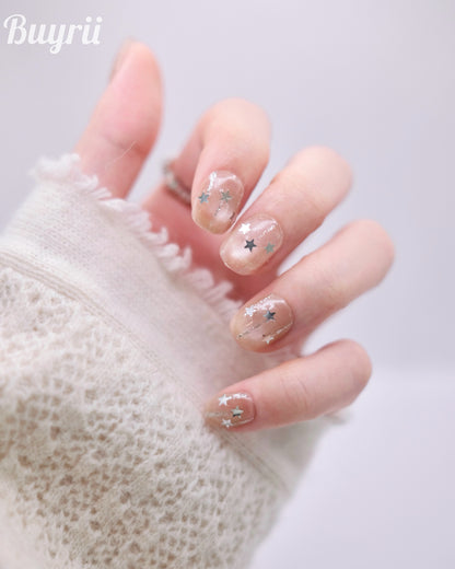 Short Rounded Gold & White Shiny Star Press On Nails