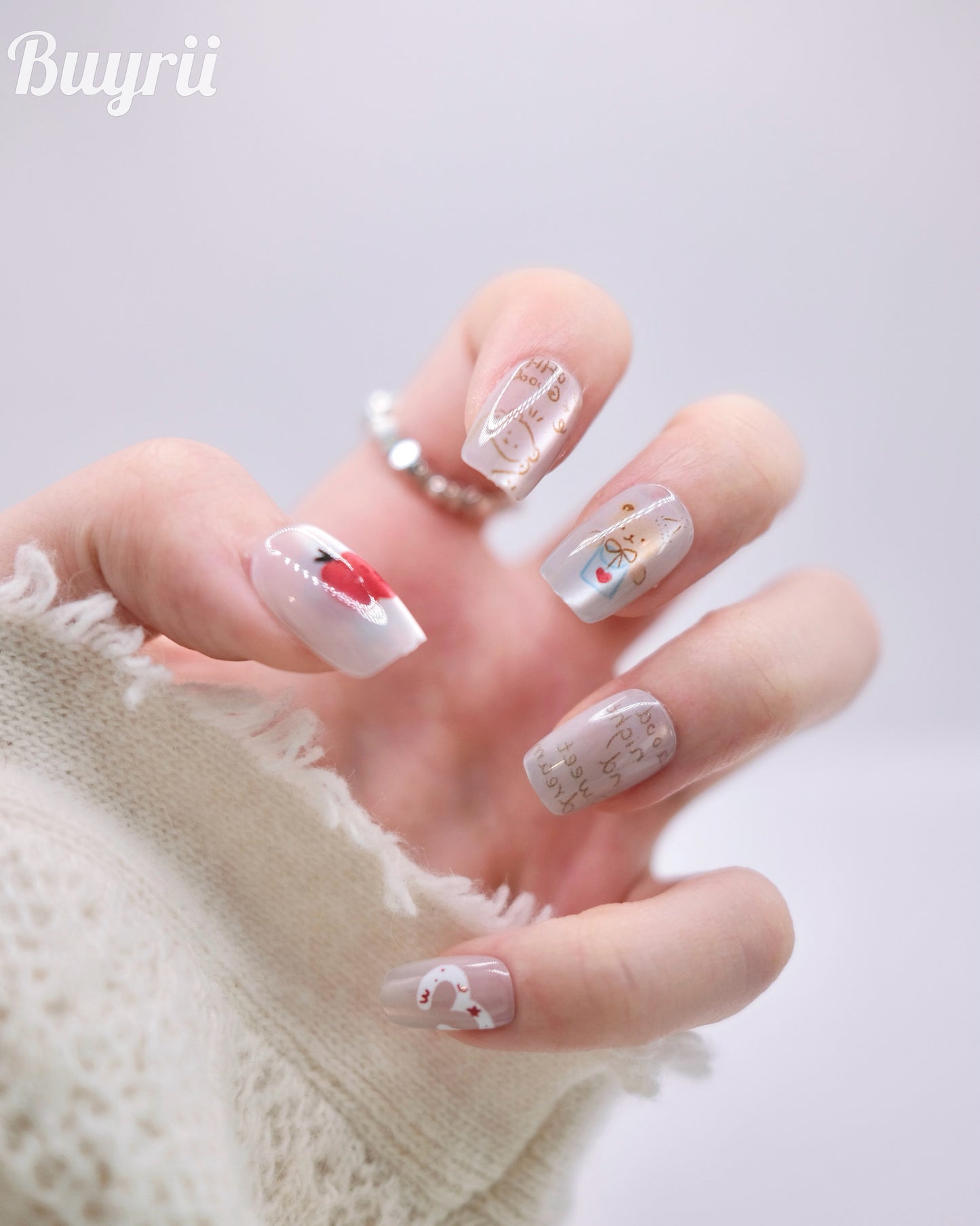Short Coffin Fairy Tale Teddy Bear Cat Eye Press-On Nails