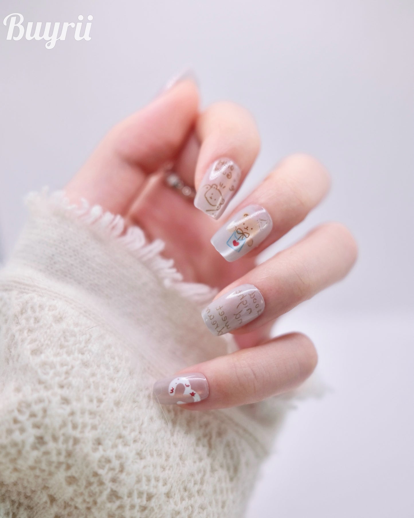 Short Coffin Fairy Tale Teddy Bear Cat Eye Press-On Nails