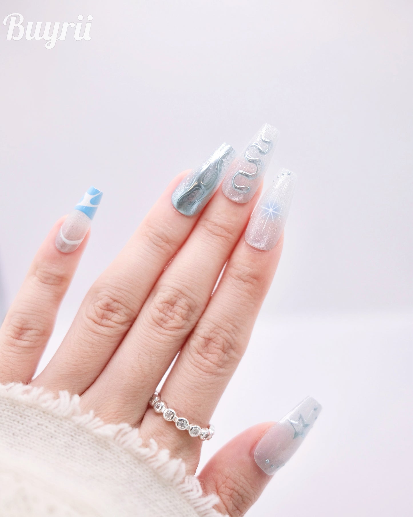 Extra Long Coffin Blue Chrome Y2K Press On Nails