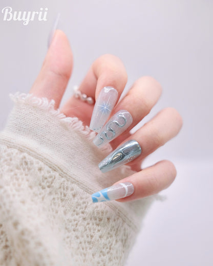 Extra Long Coffin Blue Chrome Y2K Press On Nails