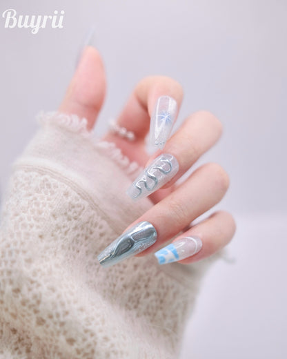 Extra Long Coffin Blue Chrome Y2K Press On Nails