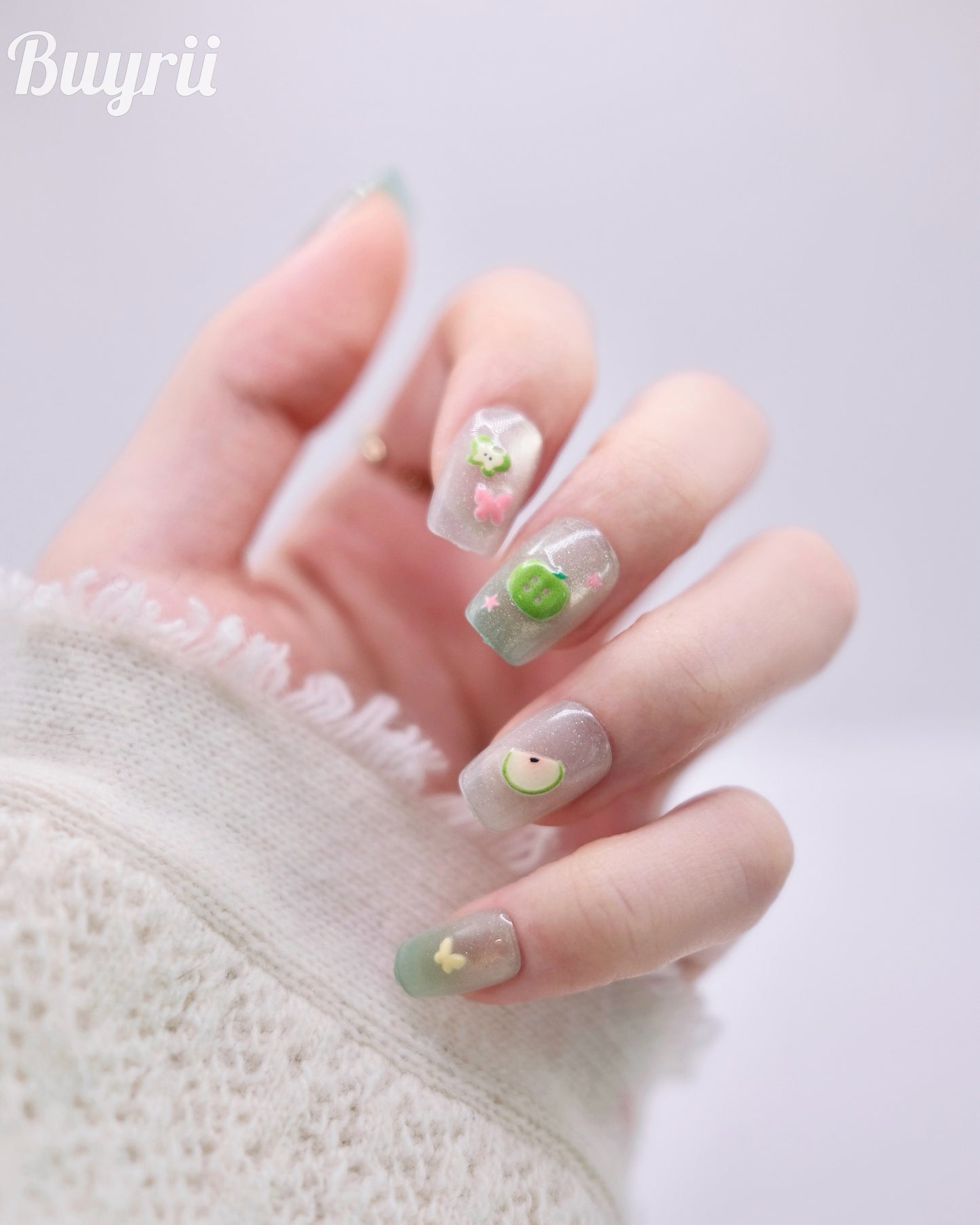Short Coffin Green Apple Summer Time Press On Nails
