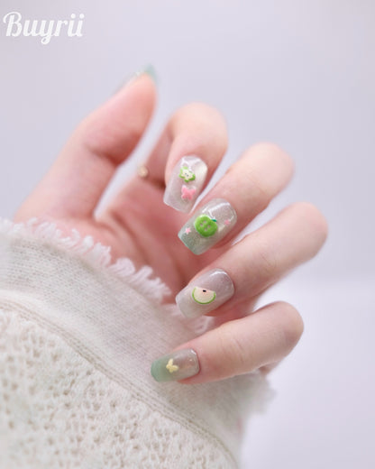 Short Coffin Green Apple Summer Time Press On Nails