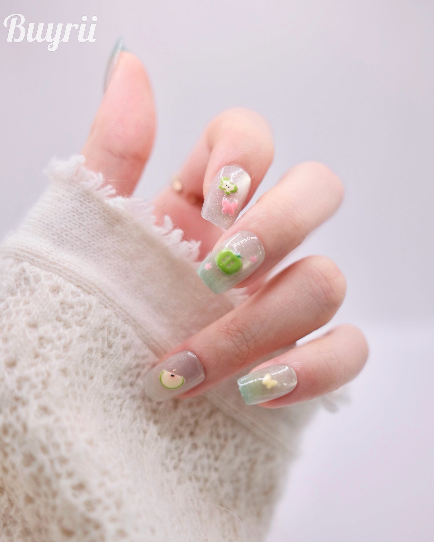 Short Coffin Green Apple Summer Time Press On Nails
