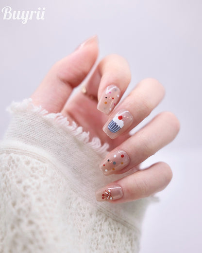 Short Coffin Nude Color Cute Kitty & Cupcake Press On Nails