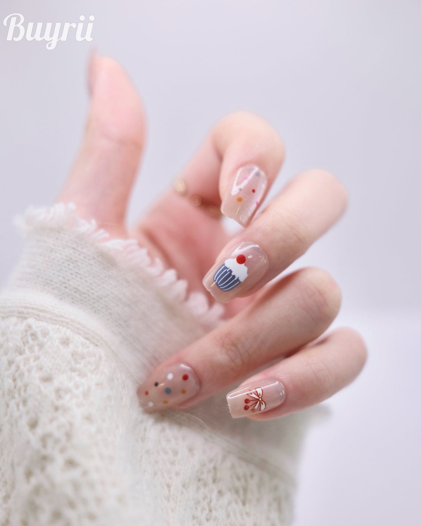 Short Coffin Nude Color Cute Kitty & Cupcake Press On Nails