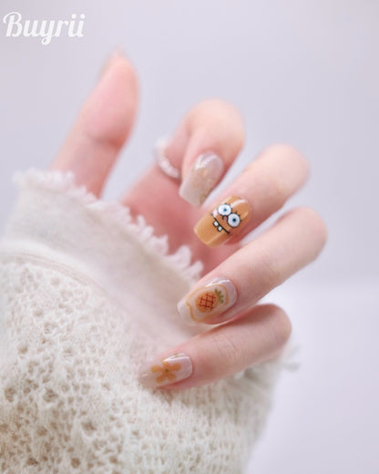Short Coffin Yellow Cute Spongebob Press On Nails