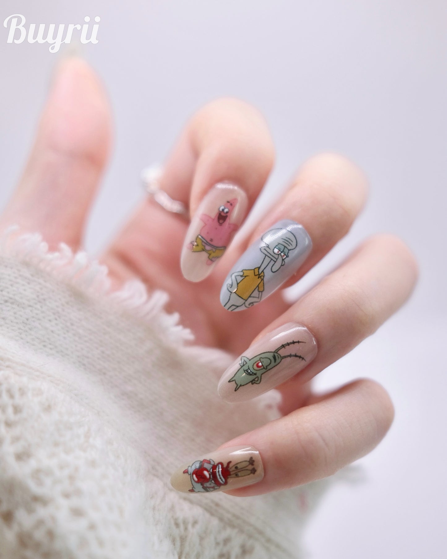 Long Almond Colorful Spongebob Press On Nails