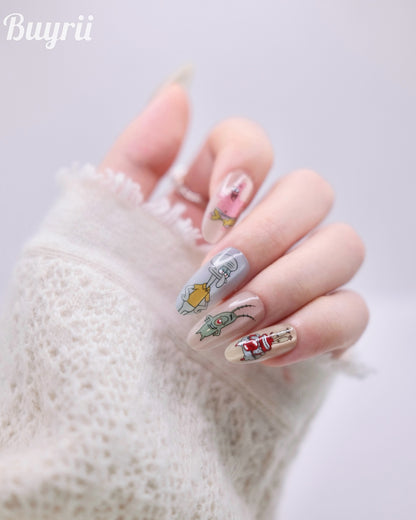 Long Almond Colorful Spongebob Press On Nails