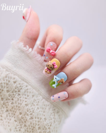 Short Coffin Colorful Hello Kitty Press On Nails