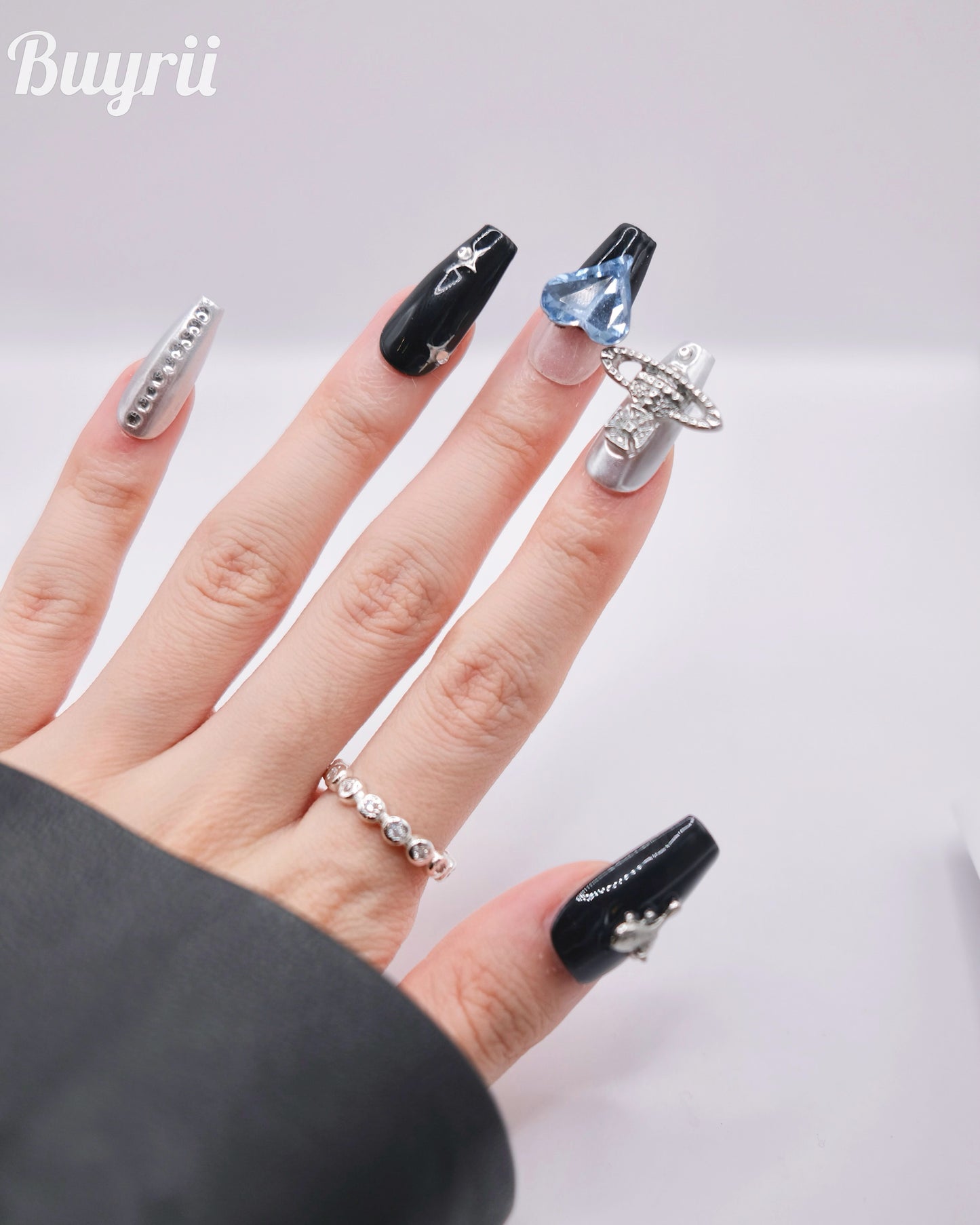 Long Coffin Black & Silver Saturn With Blue Diamond Press On Nails