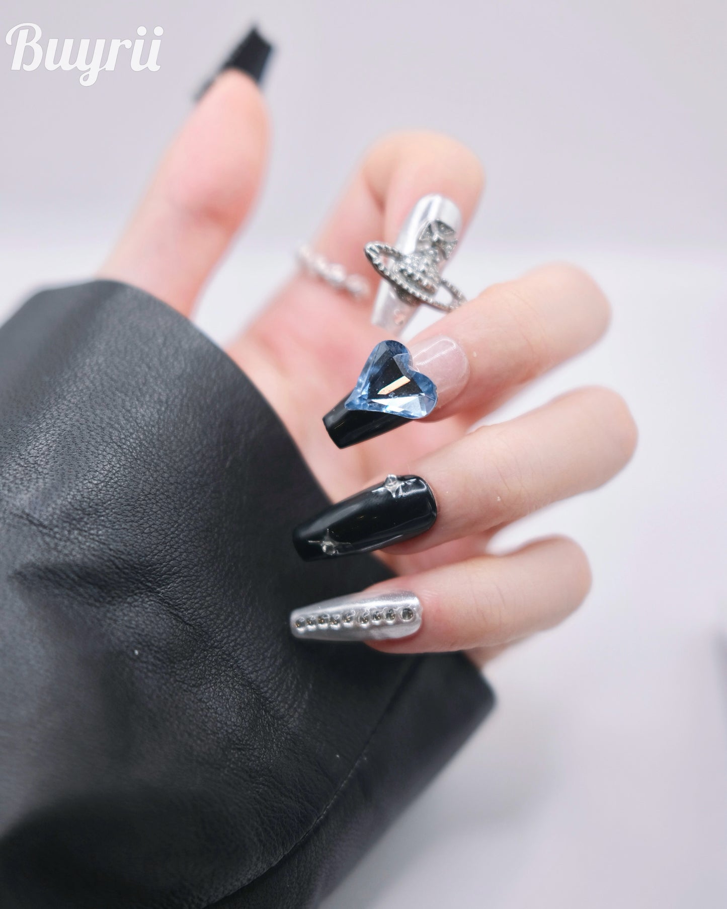 Long Coffin Black & Silver Saturn With Blue Diamond Press On Nails