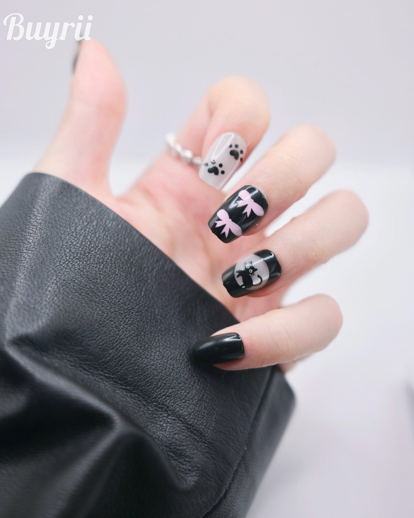 Short Coffin Black Cat & Bowtie Press On Nails
