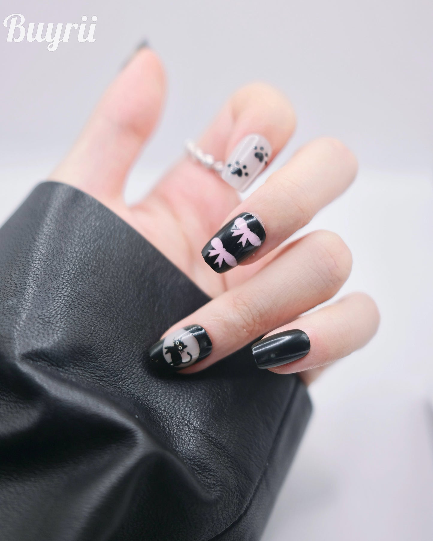 Short Coffin Black Cat & Bowtie Press On Nails