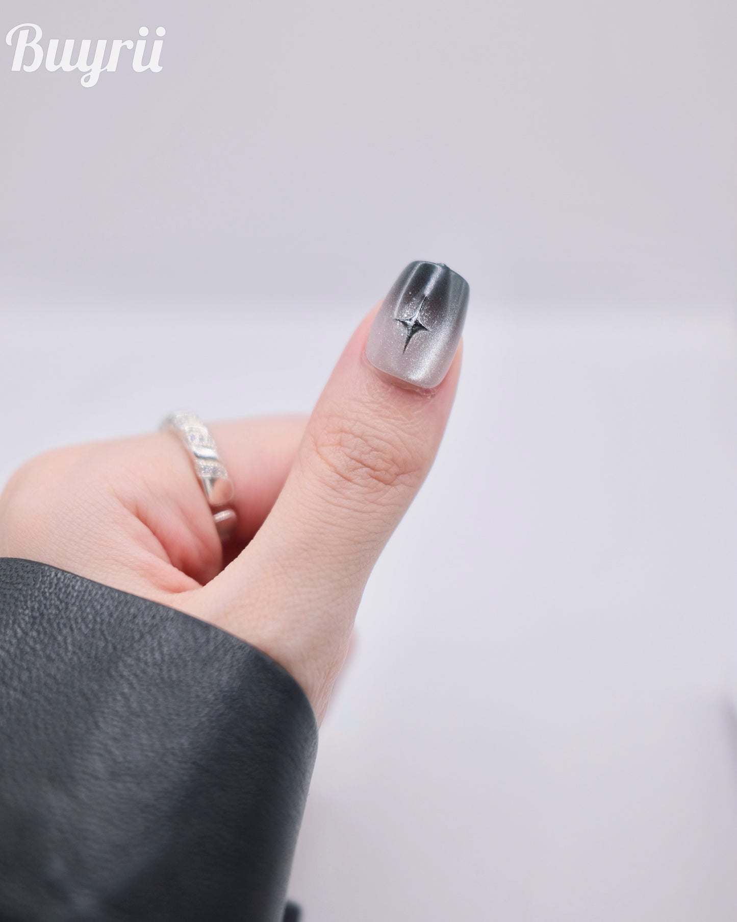 Short Coffin Black & Silver Embossed Star Press On Nails