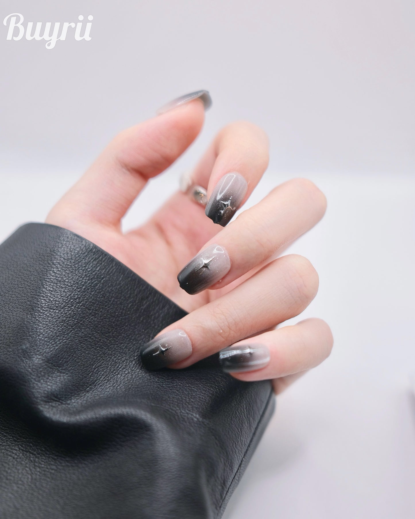 Short Coffin Black & Silver Embossed Star Press On Nails