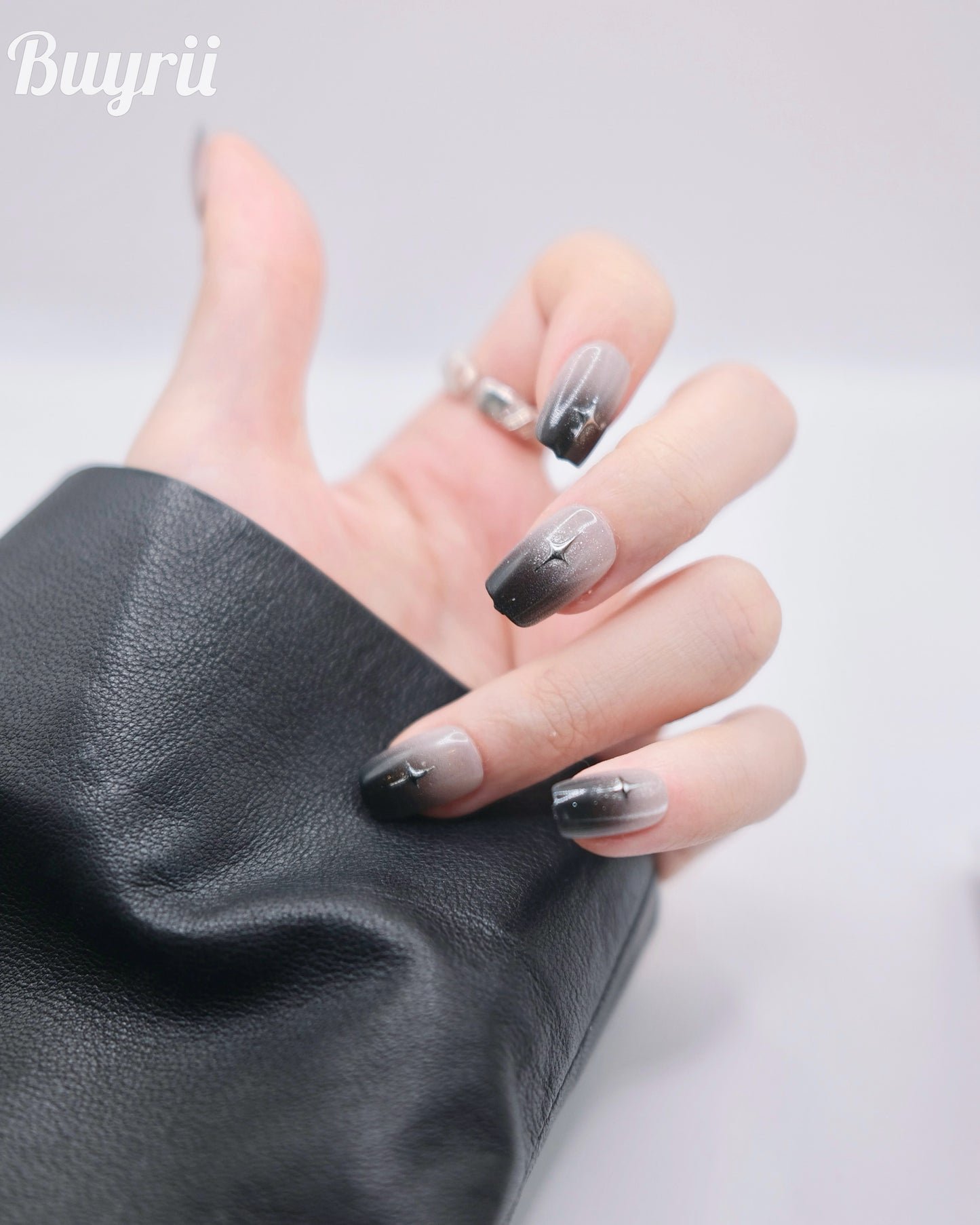 Short Coffin Black & Silver Embossed Star Press On Nails