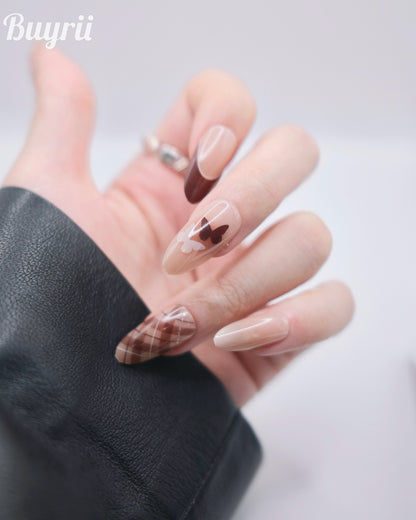 Long Almond Brown Bowtie Winter Season Press On Nails