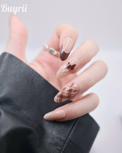 Long Almond Brown Bowtie Winter Season Press On Nails