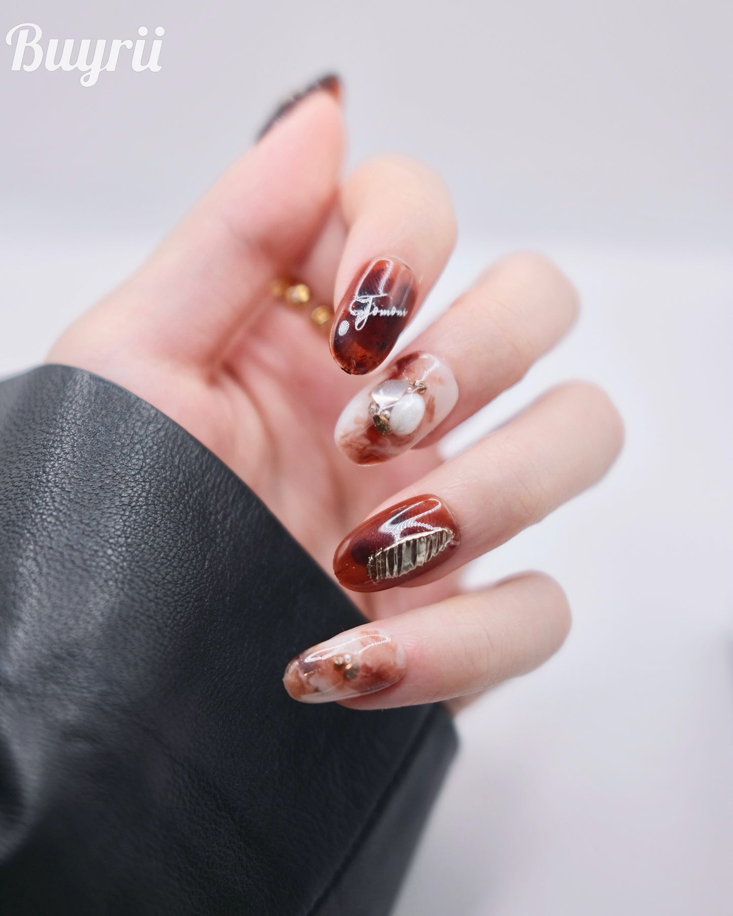 Mid-Long Oval Brown & White Pearl Decoration Press On Nails