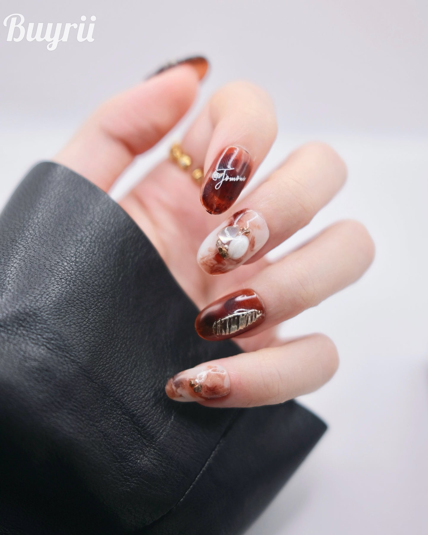 Mid-Long Oval Brown & White Pearl Decoration Press On Nails