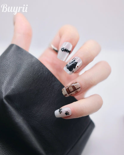 Short Coffin Cateye Brown & White Embossed Cat Press On Nails