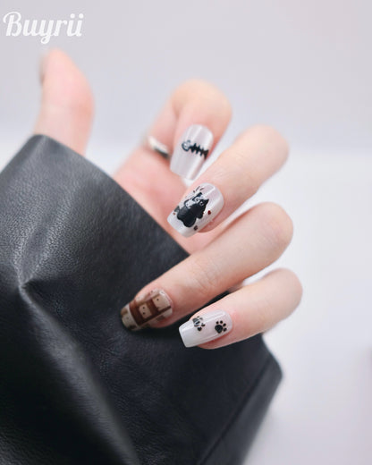 Short Coffin Cateye Brown & White Embossed Cat Press On Nails