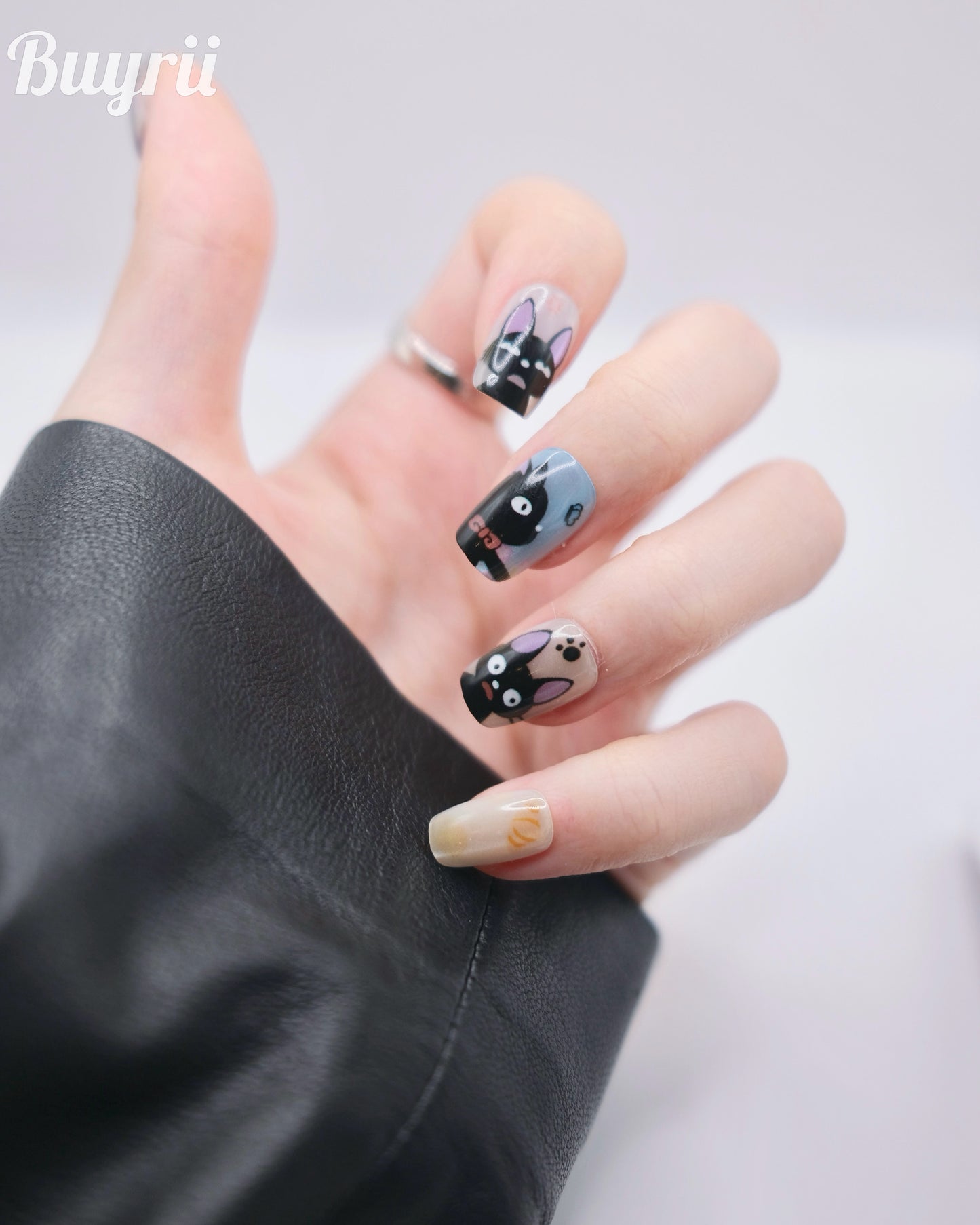 Short Coffin Colorful Black Naughty Cute Kitty Press On Nails