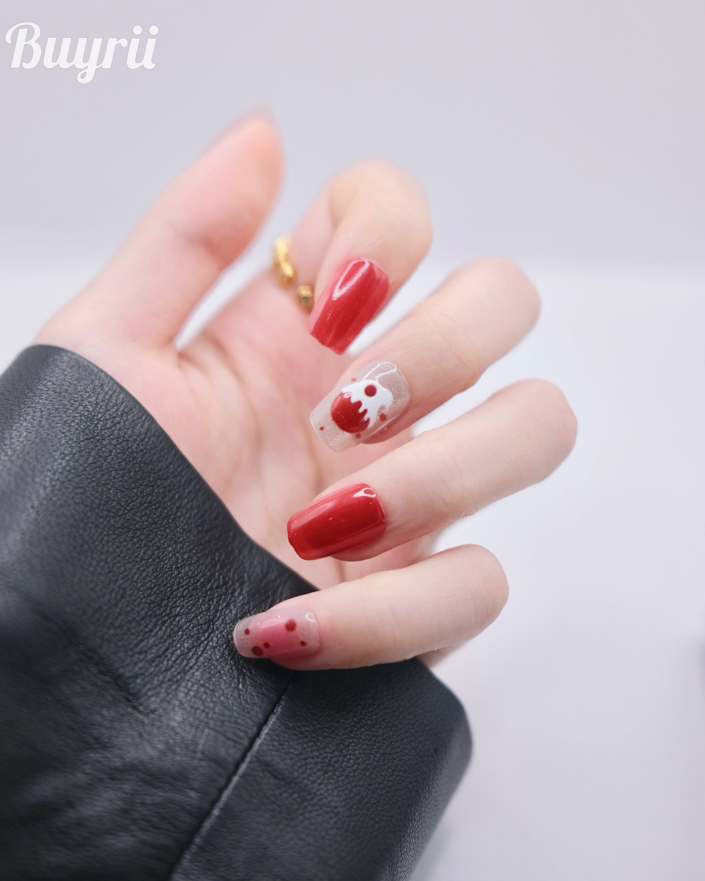 Short Coffin Red Embossed Cherry Cupcakes Press On Nails