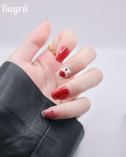 Short Coffin Red Embossed Cherry Cupcakes Press On Nails
