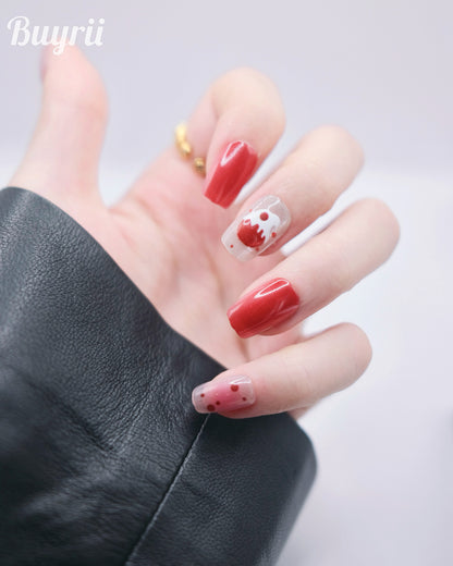 Short Coffin Red Embossed Cherry Cupcakes Press On Nails