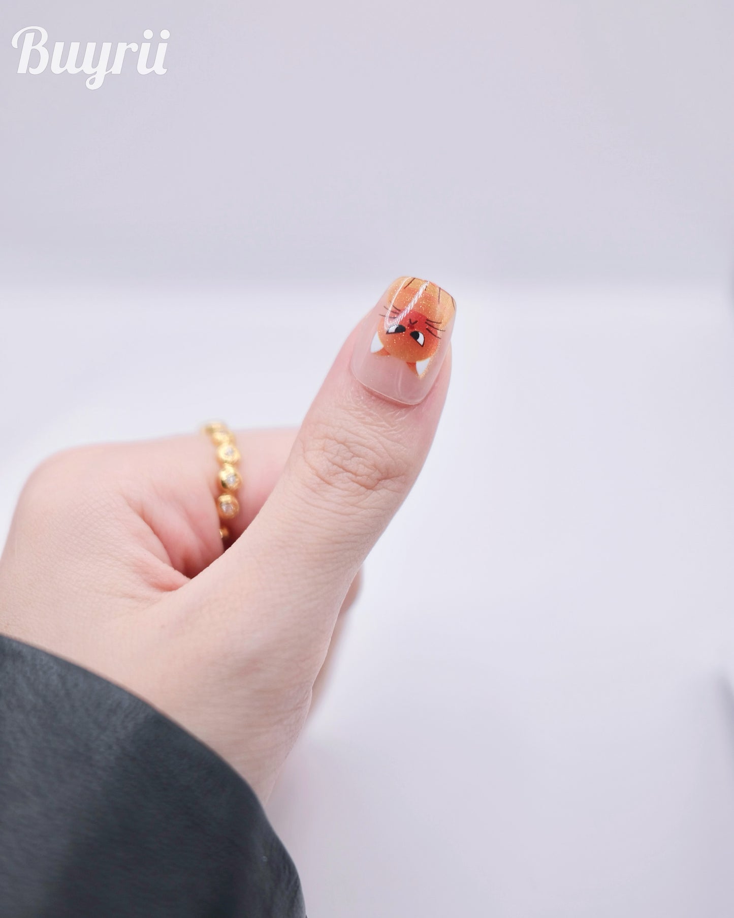 Short Coffin Golden Yuan Bao Cat Press On Nails