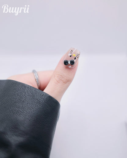 Short Coffin Nude & Black 3D Hello Kitty Press On Nails