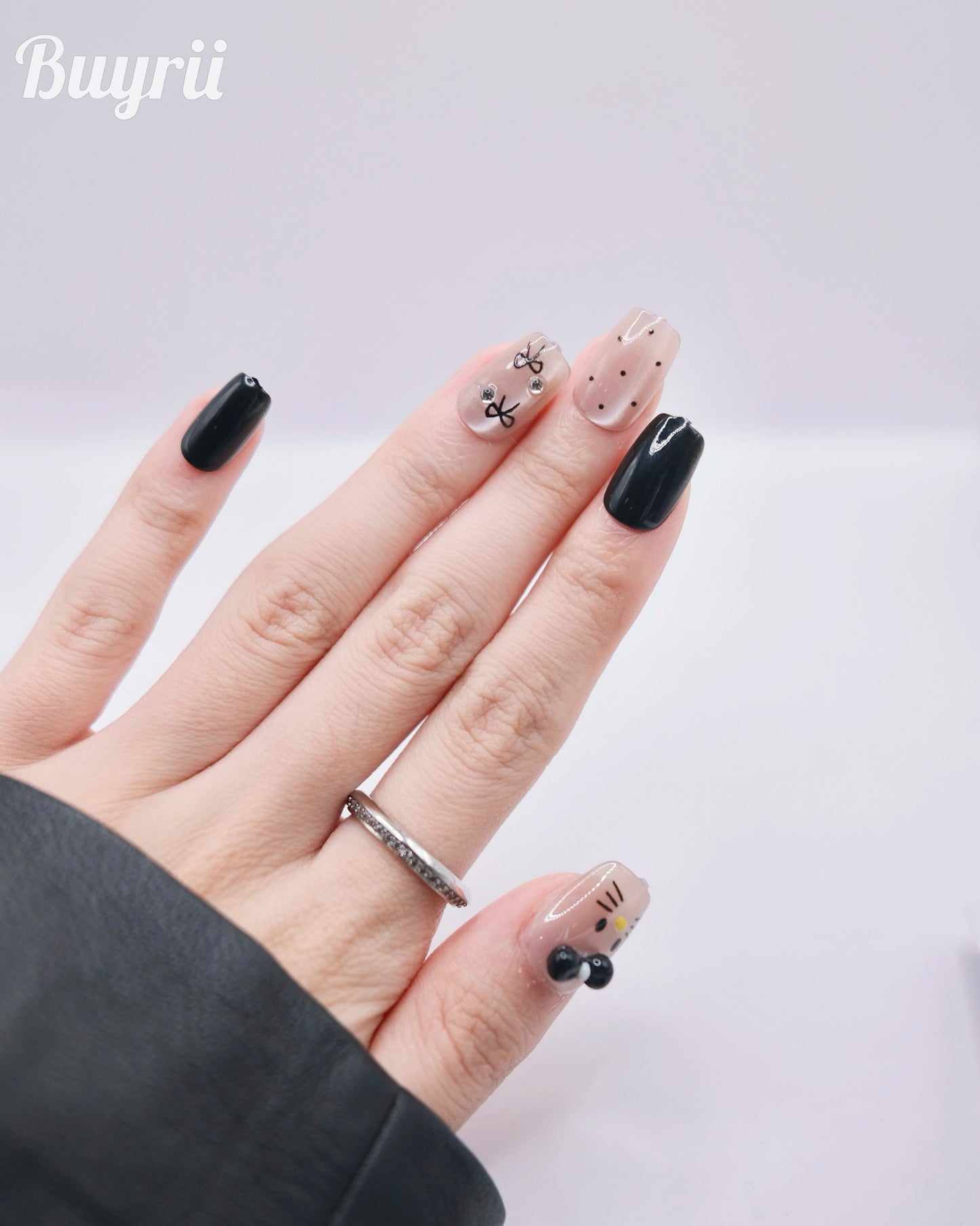 Short Coffin Nude & Black 3D Hello Kitty Press On Nails