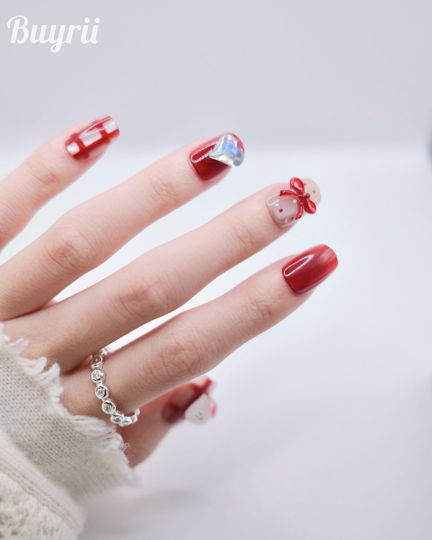 Short Coffin 3D Red Bow tie & Hello Kitty Press On Nails