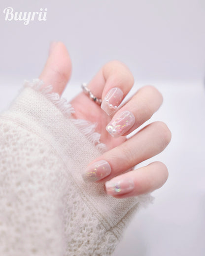 Short Coffin Pink Embossed Mermaids WIth Pearl Press On Nails