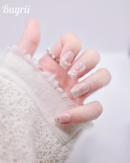 Short Coffin Pink Embossed Mermaids WIth Pearl Press On Nails