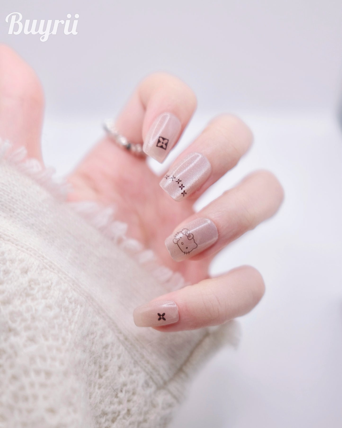 Short Coffin Cateye Pink Cute Kitty Press On Nails