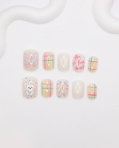 Short Rounded Colorful Firework Bear Press On Nails