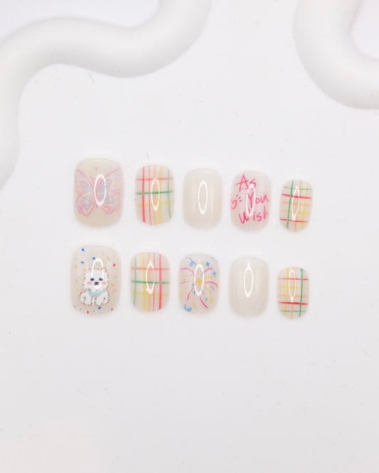 Short Rounded Colorful Firework Bear Press On Nails