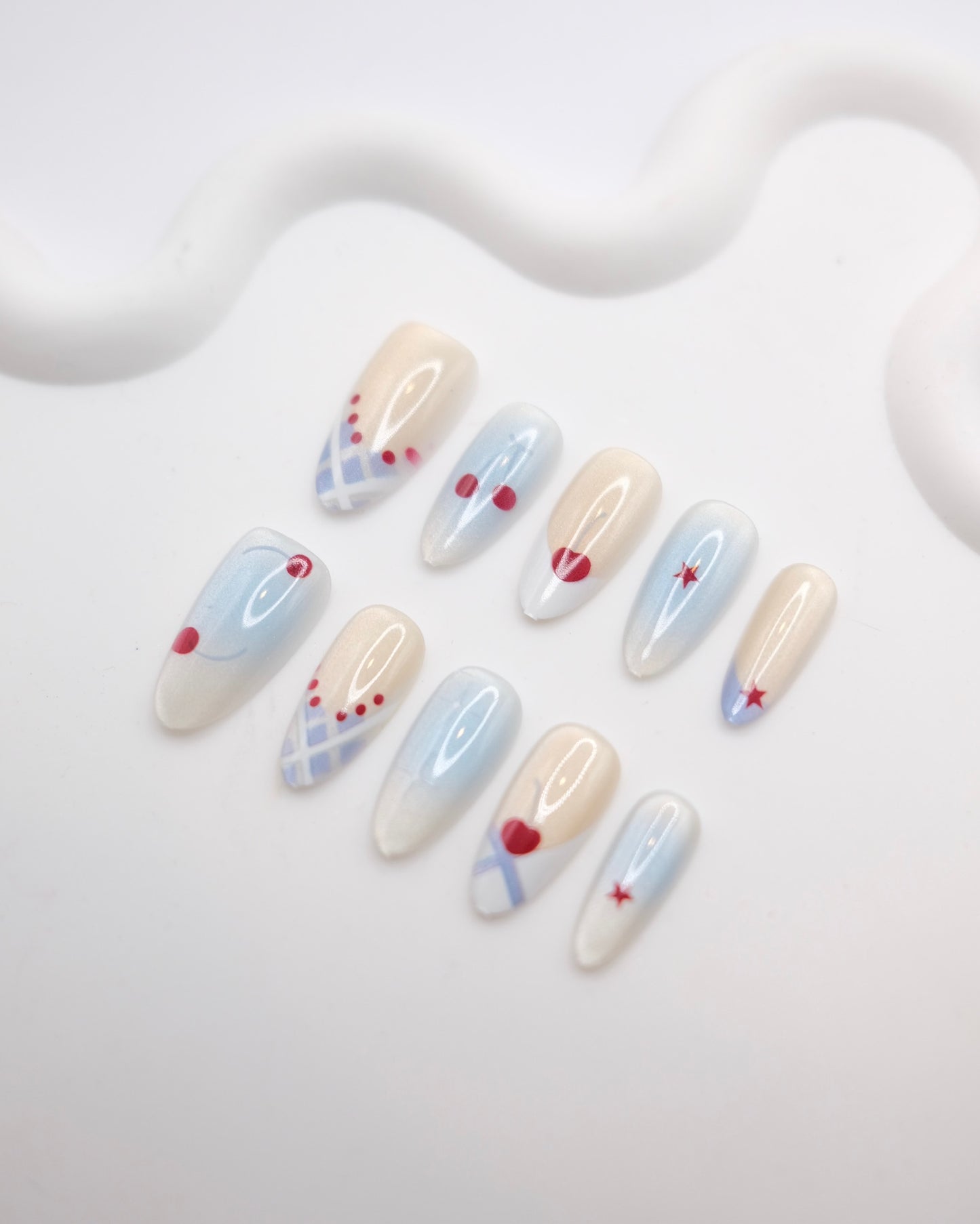 Mid-Long Almond Blue & Gold With Cherry Press On Nails