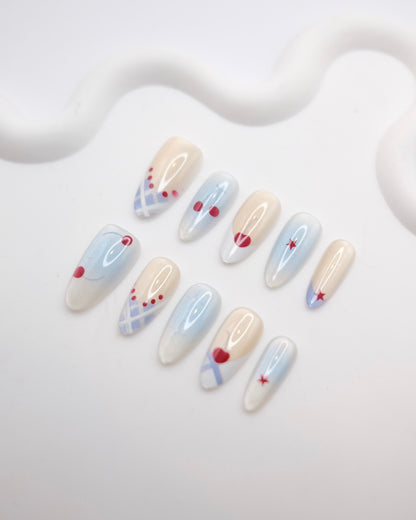 Mid-Long Almond Blue & Gold With Cherry Press On Nails