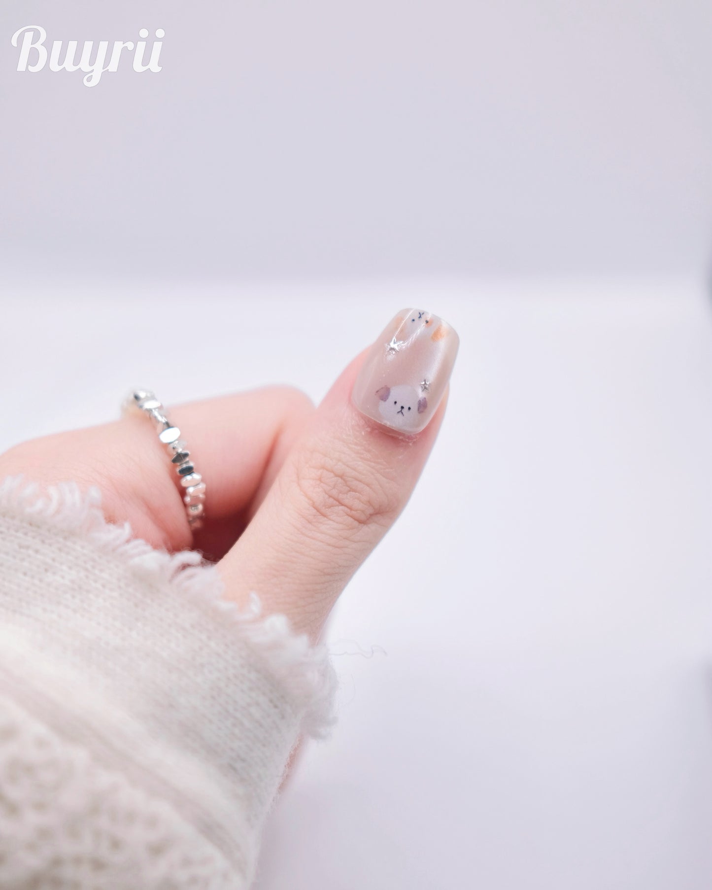 Short Coffin Cateye Nude Color Embossed Cute Cat & Puppy Press On Nails